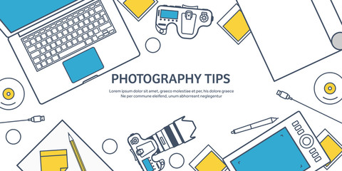 Lined fhotographer equipment on a table. Photography tools, photo editing, photoshooting outline flat background.  Digital photocamera with lens. Vector illustration.