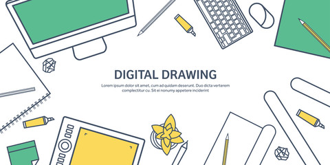 Lined, ouline flat graphic web design. Drawing and painting. Development. Illustration, sketching, freelance. User interface. UI. Computer, laptop.