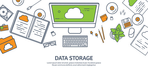 Lined, outline vector illustration. Workplace, table with documents, computer. Flat cloud computing background. Media, data server. Web storage.CD. Paper blank. Digital technologies. Internet