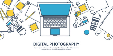 Lined fhotographer equipment on a table. Photography tools, photo editing, photoshooting outline flat background.  Digital photocamera with lens. Vector illustration.