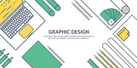 Lined, ouline flat graphic web design. Drawing and painting. Development. Illustration, sketching, freelance. User interface. UI. Computer, laptop.