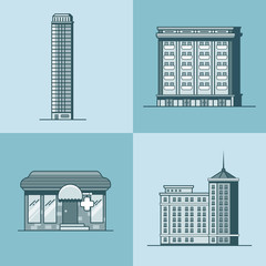 City town skyscraper hotel house pharmacy drug store architecture building set. Linear stroke outline flat style vector icons. Monochrome icon collection.