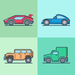 Car automobile sportscar supercar roadster jeep van cool transport set. Linear stroke outline flat style vector icons. Color outlined icon collection.