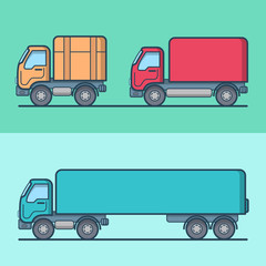 Truck van road transport set. Linear stroke outline flat style vector icons. Color outlined icon collection.