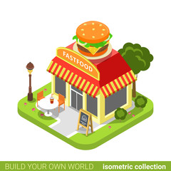 Fast food diner restaurant cafe shop burger shape building realty real estate concept. Flat 3d isometry isometric style web site app icon concept vector illustration. Build your own world collection.
