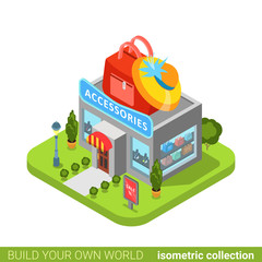 Accessories clothes clothing fashion boutique shop bag hat shape building realty real estate concept. Flat 3d isometry isometric style web app icon vector illustration. Build your own world collection