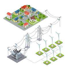 Wind energy propeller green village power supply cycle infographics concept. Flat 3d isometry isometric style web site vector illustration. Ecology eco power lifestyle sustainable world collection