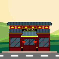 Modern landscape set with cafe, restaurant building. Flat style vector illustration.Vector illustration of Chinese restaurant and lanterns