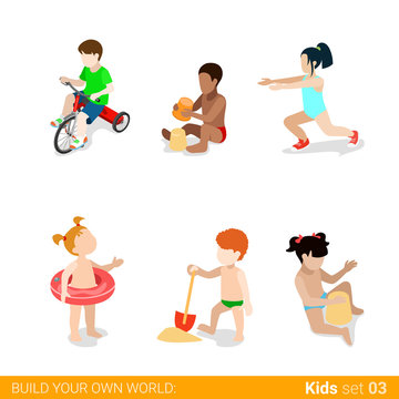 Active beach vacation children at play parenting flat web infographic concept vector icon set. Riding bicycle sand building yoga swim ring. Creative people collection.