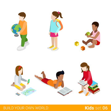 Children learning studying making classes homework flat web infographic concept vector icon set. Creative people collection.
