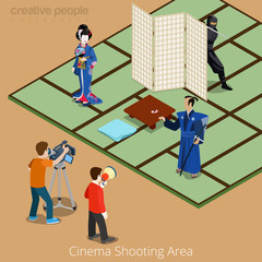 Cinema shooting area concept. Japan samurai geisha ninja movie stage. Flat 3d isometry isometric style web site app icon set concept vector illustration. Creative people collection. © Sentavio