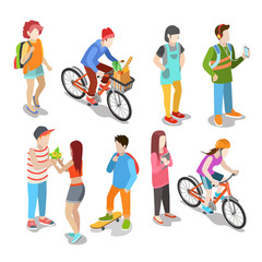 Active urban young casual street people flat 3d isometric web infographic concept vector icon set. Creative people collection.