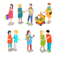 Pregnancy prenatal family urban young people parents parenting nursing babysitting babysitter couple flat web infographic concept vector icon set. Creative people collection.