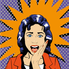 Surprised woman face with open mouth. Vector illustration in retro pop art comic style. Wow effect