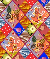 Childish seamless patchwork pattern with fairy dragons, butterflies, flowers and waves. Cute vector illustration of quilt.
