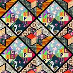 Childish seamless patchwork pattern with fantasy swan, flowers and letters. Cute vector illustration of quilting.