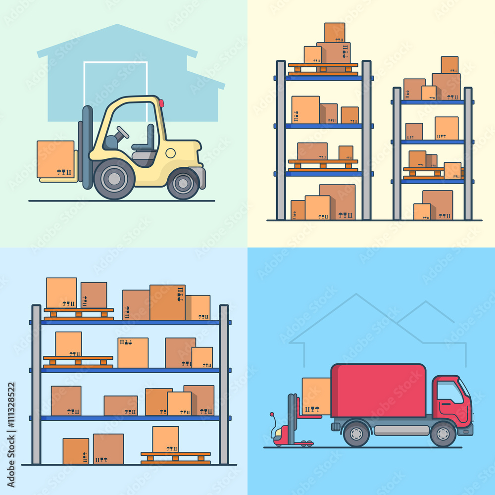 Wall mural warehouse rack shelving loader box loading van set. storage business concept. linear multicolor stro