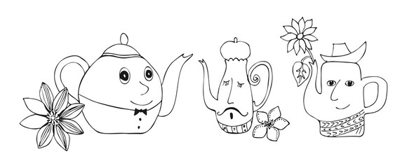 Cartoon vector illustration of talking teapots with flowers.