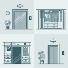 Wardrobe dressing room interior indoor elevator entrance door hall lift corridor set. Linear stroke outline flat style vector icons. Monochrome icon collection. © Sentavio