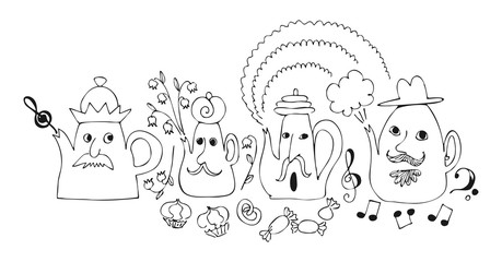 Cartoon drawing of talking teapots. Cute fairy vector illustration.