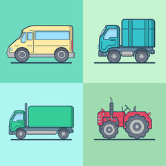 Bus Van Lorry Tractor road transport set. Linear multicolor stroke outline flat style vector icons. Color icon collection.
