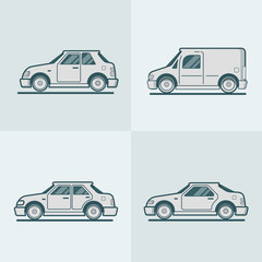 Motor passenger car van sportscar sedan hatchback road transport set. Linear stroke outline flat style vector icons. Monochrome icon collection.