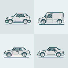 Obraz premium Motor passenger car van sportscar sedan hatchback road transport set. Linear stroke outline flat style vector icons. Monochrome icon collection.