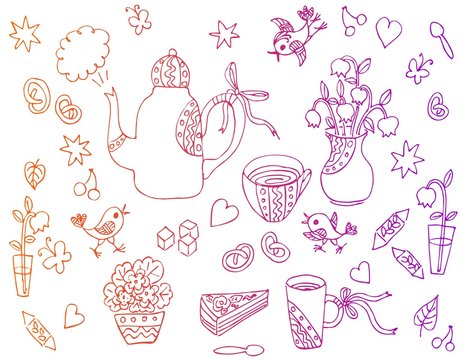Beautiful card with hand drawn elements for tea party - teapot, cups, spoons, vases with flowers, sweetness. Vector illustration.