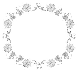 Frame with hand drawn flowers. Black and white vector illustration