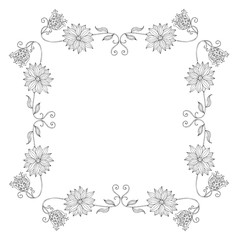 Frame with hand drawn flowers. Monochrome vector illustration.