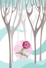 Bright fairy flower in winter forest. Pink flower between trees. Vector illustration.