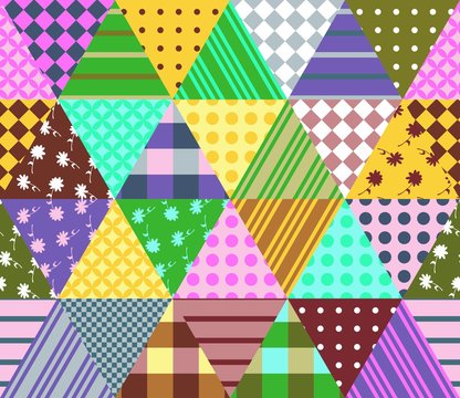Colorful seamless patchwork pattern. Geometric triangle tiles. Vector illustration