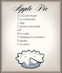 Classic apple pie recipe with retro apple pie on an old paper background