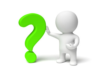 cute white human 3d person holding a green question mark  (3D illustration isolated on a white background)