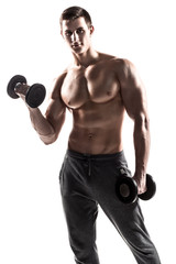 Fototapeta na wymiar Muscular man doing exercises with dumbbells isolated on white background
