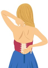 Naklejka premium Young woman rubbing her painful back. Pain relief, chiropractic concept