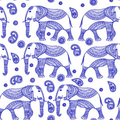 Seamless Pattern with Hand Drawn Vintage vector Indian elephant. Zenart Stylized.For Hindu, African, Indian, Thai, boho design, spiritual print, wrapping and textiles.