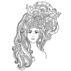 Vector illustration  card  beauty and fashion. Girl with flowers on her head. Zentangl, dudling. Adult coloring books.