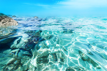 Fototapeta na wymiar Water wave splash background / Underwater view of the sea surfac