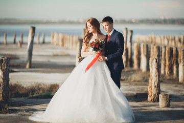 Beautiful young wedding couple, bride and groom posing near wooden poles on the background sea