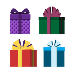 Colorful wrapped gift boxes icon. Presents decoration. Flat design. Christmas surprises, ribbons and bow isolated on white background. Symbol of birthday, anniversary, celebration. Vector illustration