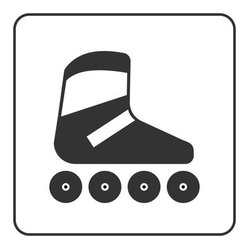 Roller skate icon. Flat design. Black skating equipment sign isolated on white background in frame. Symbol of sport, relaxation, activity and extreme, leisure, fitness Vector illustration