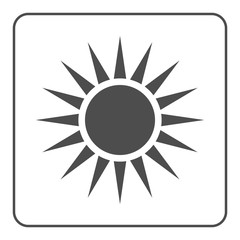 Sun icon. Light sign with sunbeams. Black design element, isolated on white background. Symbol of sunrise, heat, sunny and sunset, sunlight. Flat modern style for weather forecast. Vector Illustration