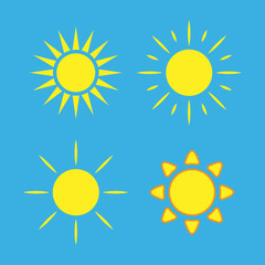 Sun icons set. Collection light yellow signs with sunbeam. Design elements, isolated on blue background. Symbol of sunrise, heat, sunny and sunset, morning, sunlight. Flat style. Vector Illustration.