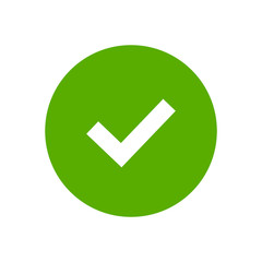 Tick sign element. Green checkmark icon isolated on white background. Simple mark graphic design. Circle shape OK button for vote, decision, web. Symbol of correct, check, approved Vector illustration