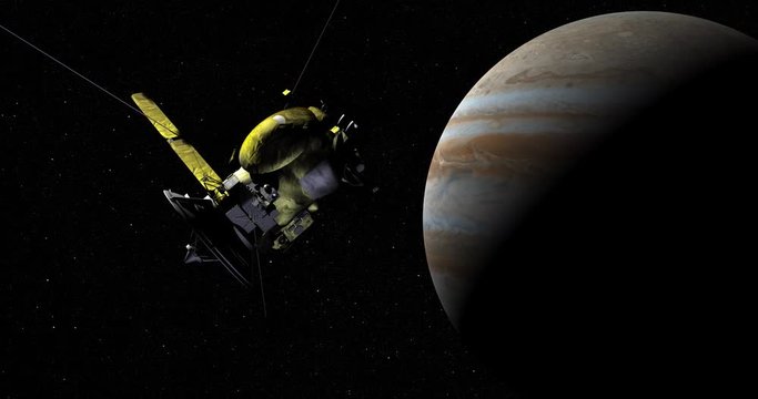 Dramatic shot of the Cassini spacecraft making a close pass of Jupiter. Data: NASA/JPL.