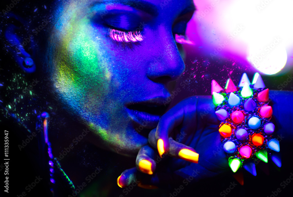 Sticker Fashion woman in neon light, portrait of beauty model with fluorescent makeup