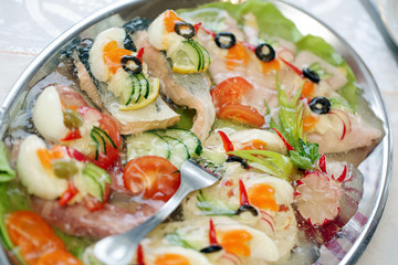 Delicious buffet food on the party or wedding reception