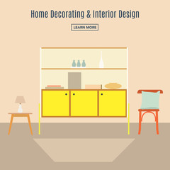Home interior. Interior design of a living room for web site, print, poster, presentation, infographic. Flat design illustration.