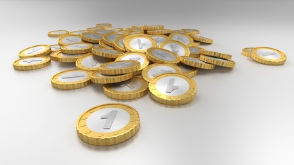 Coins heap on the desk table 3d render